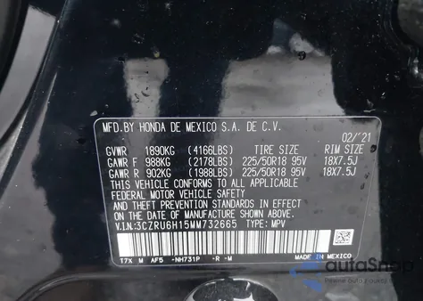 2021 Honda Hr-V Awd Sport from USA, damaged, VIN 3CZRU6H15MM732665